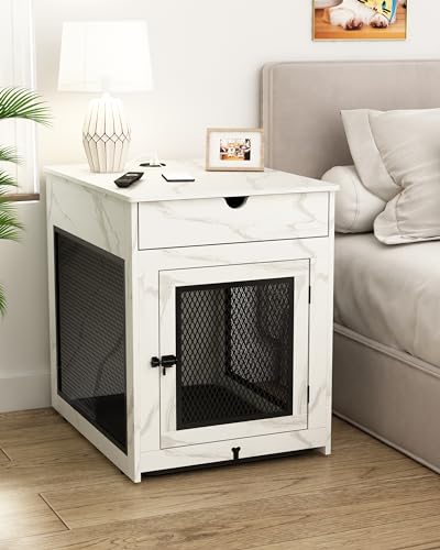 Dog Crate Furniture,Wooden Dog Crate End Table with Storage Drawer&Cushion&Tray, QC3.0 Wireless Charging,Dual USB,Medium Dogs Marble White - color: Marble White, size: 28.5"L x 21.5"W x 30.5"H