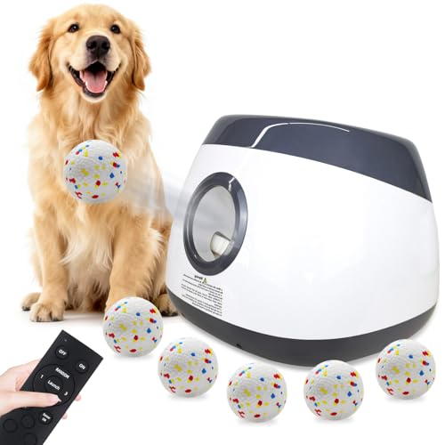 MEKAPLE Automatic Dog Ball Launcher, Upgraded Interactive Dog Balls Thrower with 3 Distance 29Ft-79Ft, Remote Control Ball Launcher for Medium&Large Dogs, 5 Etpu Balls Included (Silver Grey - color: Silver Grey