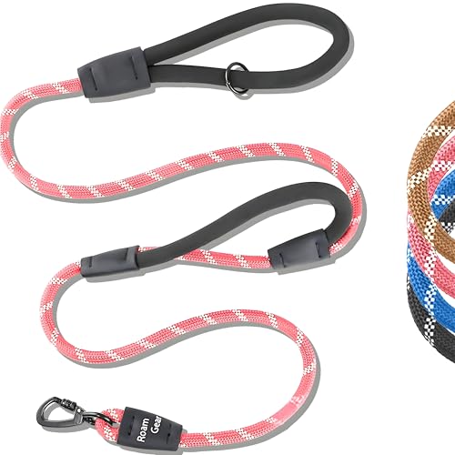 6 Foot Dog Leash, Two Extra Padded Handles, Locking Carabiner Clip, Reflective for Night Visibility, Weatherproof, Heavy Duty Rope Leash, Roam Gear (Pink) - color: Pink