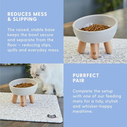 The Cat Ladies Tilted Ceramic Cat Bowl - Elevated Food Bowls Ceramic Pet Bowl - Raised Ceramics Bowls - Elevated & Tilted Design for Comfortable Eating - Dishwasher Safe - Wide Opening - color: Light Grey