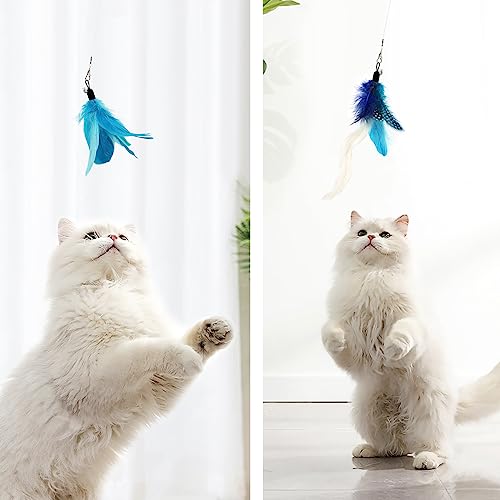 Cat Feather Toys Wand - 7 Pcs Interactive Cat Toys for Indoor Cat Kitten, Retractable Cat Wand Toy with 6 Feather Teaser Refills with Bell, Cat Fishing Pole Toy, Blue - color: Blue