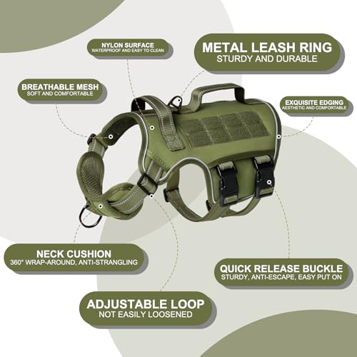 Tactical Dog Harness Medium Sized, Heavy Duty No Pull Dog Harness with Handle, Easy On and Off Service Dog Vest with Molle System, Reflective Pet Vest for Walking Hiking Training - color: Green, size: M(Neck:17-23",Chest:22-32"),35-50 lbs