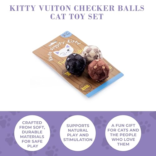 Haute Diggity Kitty Vuiton Checker Balls Set, Plush Cat Toys Catnip Filled with Interactive Crackle Sound, Safe & Durable Toys for Cat & Kitten, 3 Pcs - style: Kitty Vuiton Checker Balls