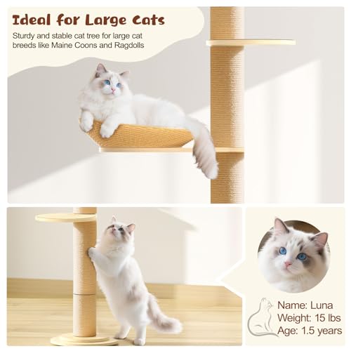 Solid Real Wood Floor to Ceiling Cat Tree, 5 Level Adjustable Height (75"-91"), Modern Climbing Tower with Thickened Wooden Sisal Scratching Posts & Cozy Bed for Indoor Cats Large Adult - size: 5 Level | 75-91 in(up to 7.6ft)