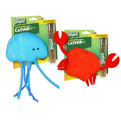 Jellyfish and Crab Toy Bundle | ZOOMIE Refillable Jellyfish and Crab Plush Catnip Toys | High Potency Hand Harvested Fresh Catnip | Soft Plush for Engaging Play - color: Jelly Fish & Crab