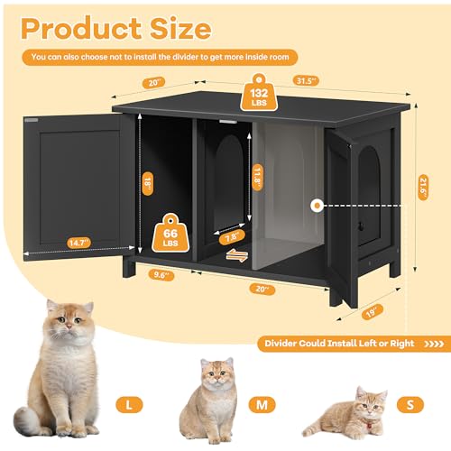 Shintenchi Cat Litter Box Enclosure, Litter Box Furniture Hidden with Removable Divider, Cat House with End Table, Black, 31.5 inch - color: Black