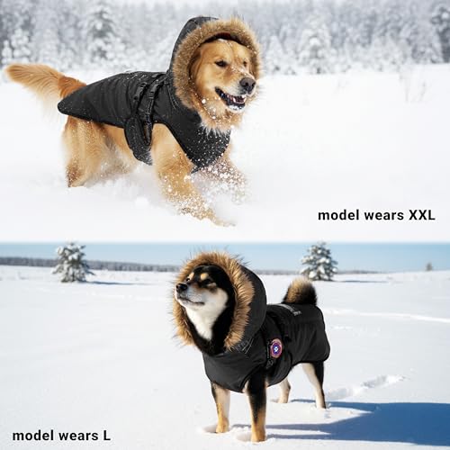 PAWNISAW Dog Winter Coat with Harness Built in, Warm Thick Plush Hooded Dog Snow Jacket for Cold Weather, Windproof Reflective Pet Clothes Outfit for Small, Medium, Large, XL & XXL Dogs Outdoor - color: Black