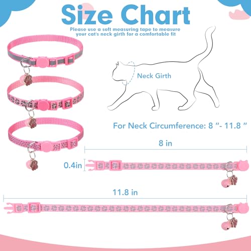 BINGPET Reflective Cat Collar Breakaway with Bells,3 Pack Kitten Collar for Girl Boy Cats with Cute Pendant Glow in The Dark,Adjustable 8''-11.8'',Pink - color: Reflective(Pink)-3pcs