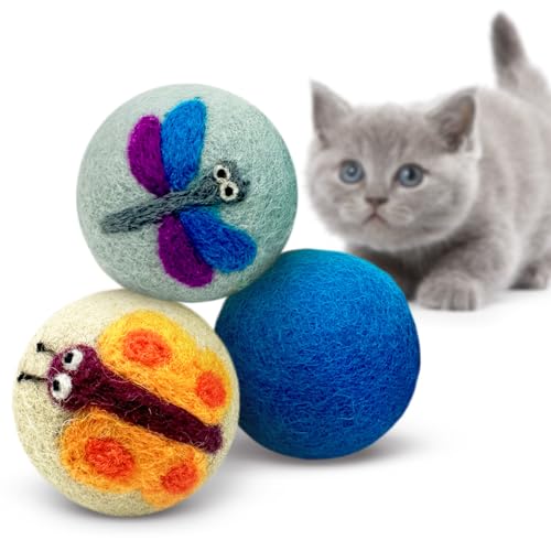 Hustle & Blush Love Ewe Felted Cat Toys 3 Pack - 2 Inch Dragonfly & Butterfly Hand Made Cute & Fun Design Kitten Wool Felt Balls for Indoor Play & Exercise - 100% New Zealand Handmade Felted Balls - color: Dragonfly/Butterfly