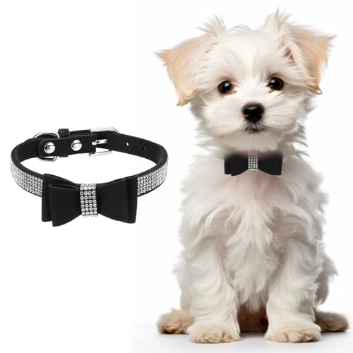 Cute Dog Collar with Bling Rhinestone, Bling Dog Collar Adjustable Leather Diamond Sparkling Jewel Accessories 15", (Black), Intended for Teacup/Cat/Small Medium Large Pet - color: Black, size: 15 Inch