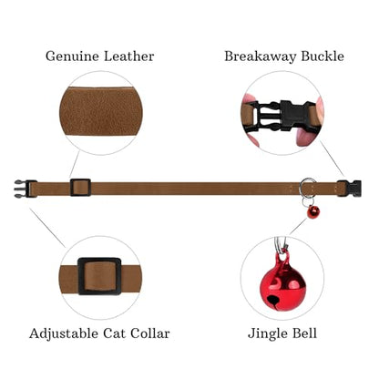 Breakaway Cat Collar Leather with Removable Bell - 13 Colors Available - Soft Adjustable Girl Boy Safety Lightweight Pet Kitten Collars Pink Brown Blue Green Red Orange Black (Cognac) - color: Cognac