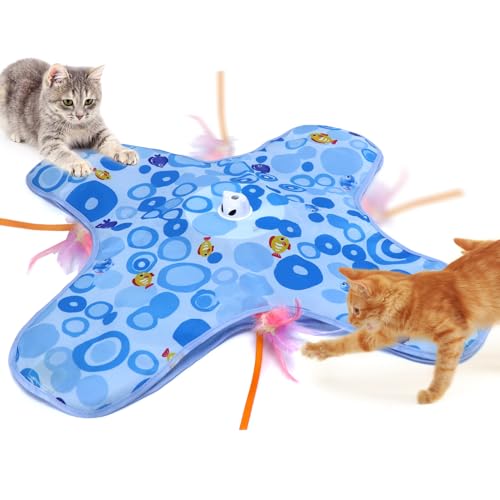 DFQ Interactive Cat Toy for Indoor Cats, Rechargeable Touch-Activated Moving Feather Wand with Concealed Motion, Play Toy for Kittens and Adult Cats (Blue) - color: Blue