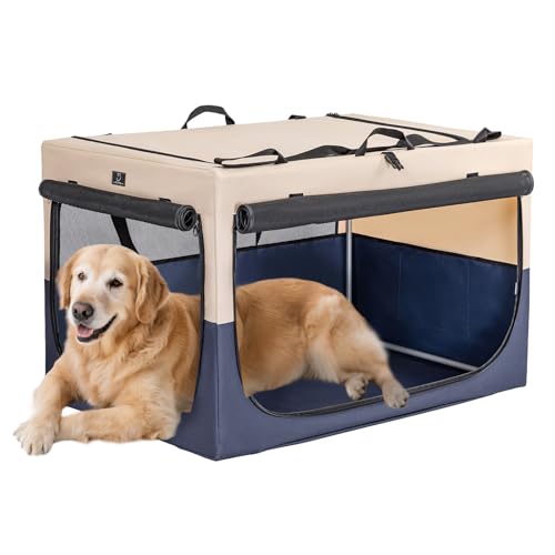 40" Collapsible Dog Crate for Large Dogs - Portable Soft Travel Kennel with Lockable Zippers, Waterproof Base, Washable Cover, Patented Screw Frame for Adjustable Tension, Outdoor, Indoor, Car Use - color: Blue+Beige, size: 40.0"L x 25.0"W x 25.0"H