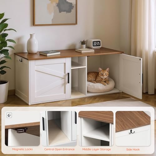 HOOBRO Double Litter Box Enclosure, Modern Cat Litter Box Furniture with Storage and Mat Design, Farmhouse Hidden Litter Box Enclosure with 2 Hooks, White and Walnut WH23MW01 - color: White + Walnut