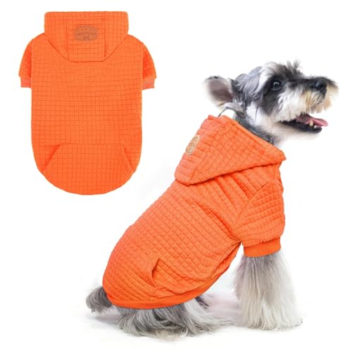 BEAUTYZOO Small Dog Hoodie Sweater with Pockets, Dog Clothes for Small Medium Dogs Boy Girl, Waffle-Like Laminated Cotton Pet Coats with Hat and Leash Hole, Orange S - color: Orange, size: S (Back: 12",Chest: 16", Neck: 10")