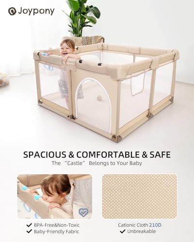 Joypony Baby Playpen, 50x50 in Small Play Pen for Babies and Toddlers, Playpen for Kids with Gate, Indoors Play Yard with Soft Breathable Mesh (Beige) - color: Beige