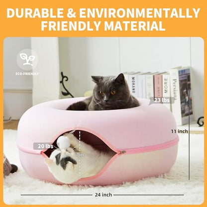 Peekaboo Cat Tunnel for Large Cats up to 30 lbs, Features A Jingle Ball, Removable and Washable Tunnel Bed, and a Cozy Donut Tunnel (Pink, 24 Inches) - color: Pink