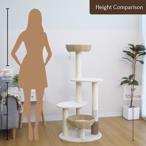 PetPals® Pharaoh 5-Level Cat Tree with Recycled Paper Rope Baskets, Sisal Scratching Posts, Teaser Toy, Massager, Eco-Friendly Boho Cat Furniture for Cats Up to 15 lbs - color: Beige