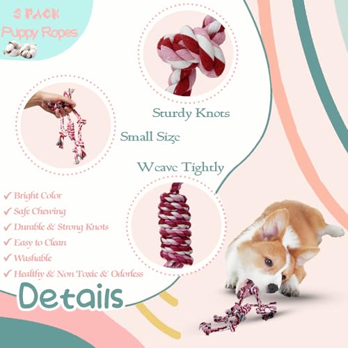 Puppy 3 Pack Cotton Knot Rope Toys for Small Dogs & Puppies, Durable Teething & Tug of War Chew Toy, Safe Interactive Toy for 2-8 Months Pets and High Active Puppy (Pink, Small) - size: Small