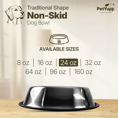 Stainless Steel Non Skid Dog Bowl – Non-Slip Rubber Base, Rust-Proof & Dishwasher Safe – Durable Food and Water Bowl for Dogs and Cats – 24oz - size: Non Skid Bowl - 24 oz