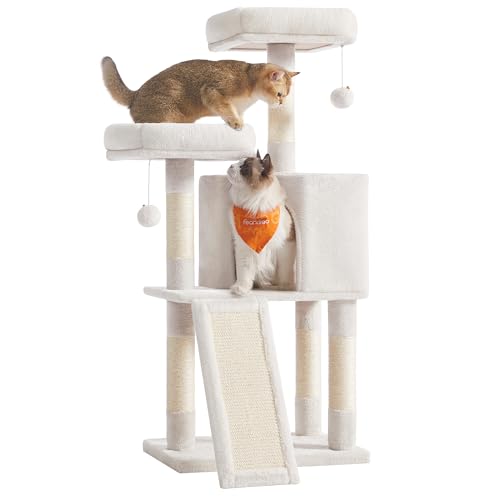 Feandrea Cat Tree, 45.3-Inch Cat Tower, Plush Condo with Scratching Post, Ramp, Perch, Spacious Cave, for Small Space, Cream White UPCT141W02 - color: Cream White
