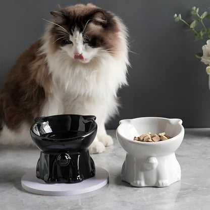 Ceramic Elevated Cats Bowls, 4Pc Extra Wide Raised Cats Bowls, Shallow Whisker Friendly Food & Water Dish, Anti Vomit, Microwave & Dishwasher Safe, 5 oz (Cat Bell 5 X 4.3'')