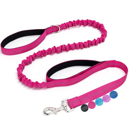 5FT Bungee Dog Leash with 2 Handles, Reflective Strong Nylon Traffic Leash, Shock Absorbing Lead for Large Medium Dogs Walking Training Controlling, Rose red - color: Rose red