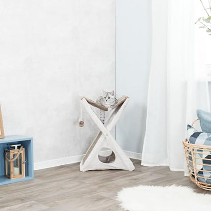 TRIXIE Miguel Fold and Store Cat Hammock, Indoor Cat Furniture with Dangling Toys, Scratching Pad, and Cave, Taupe/Light Gray - color: Greige