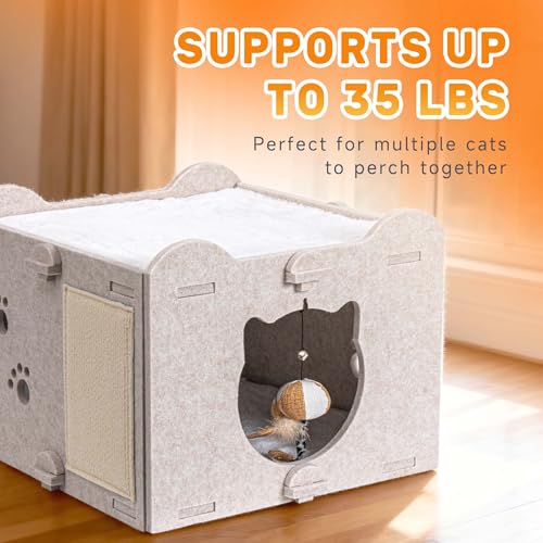 Yesday Detachable Felt Cat Bed Condo Shelter House for Indoor Use, Durable and Warm Flannel, Cozy Shelter with Built-in Scratching Board and Bonus Cat Toys (Camel) - color: Camel