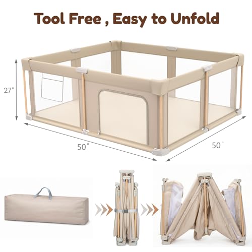 Foldable Baby Playpen with Mat, Foldable Baby Fence Play Yards for Babies and Toddlers, Play Pen with Breathable Mesh and Anti-Fall Pads (50''x50‘’) - size: 50''x50‘’