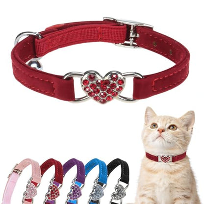 BINGPET Diamond Cat Collar,Adjustable Soft Velvet Leather Safe Kitten Collar with Crystal Heart Charm and Bells,Girl Boy Bling Stylish Cat Collars with Safety Elastic (Red, Neck Girth 8"-10" - color: Red(Heart), size: Neck Girth 8"-10"