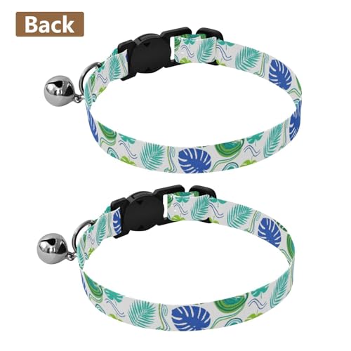 Tropical Leaves Colorful Dog Bell Collar 2 Pack Cats Collar Adjustable Length 10.6" to 17.1" - color: Tropical Leaves Colorful