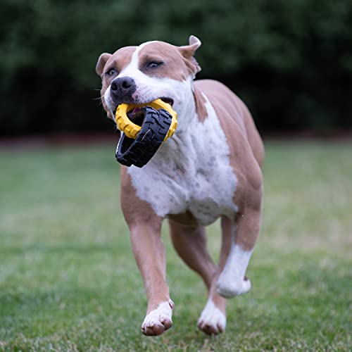 Tonka Rubber 3-Ring Tug Dog Toy, Lightweight, Durable and Water Resistant, 7.5 Inches, for Medium/Large Breeds, Single Unit, Yellow/Black - size: 7.5 inch Rubber Flex Tread