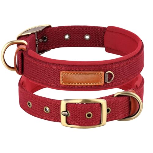 Soft Nylon Dog Collar with Buckle, Adjustable Padded Pet Collar with D-Ring for Small Medium Large Dogs，Red，L - color: Red, size: L:Neck 17.7-21.6"