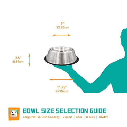Fuzzy Puppy Non-Tip Dog Bowl with Rubber Base, Built-in Measurements, Won't Slip, Skid or Tip, Stainless Steel, 64oz (NTD-64) - size: 64 oz