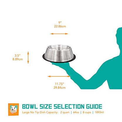 Fuzzy Puppy Non-Tip Dog Bowl with Rubber Base, Built-in Measurements, Won't Slip, Skid or Tip, Stainless Steel, 64oz (NTD-64) - size: 64 oz