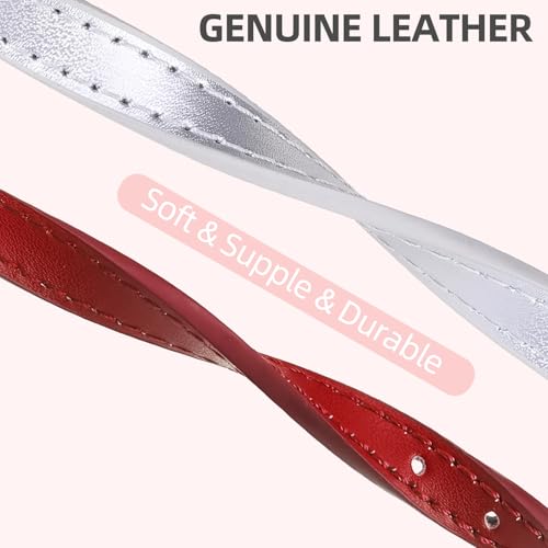 PUPTECK 2 PCS Soft Genuine Leather Cat Kitten Collar with Bells Adjustable for Girl Boy Cats Puppy - Red, Silvery - color: Red&Silvery
