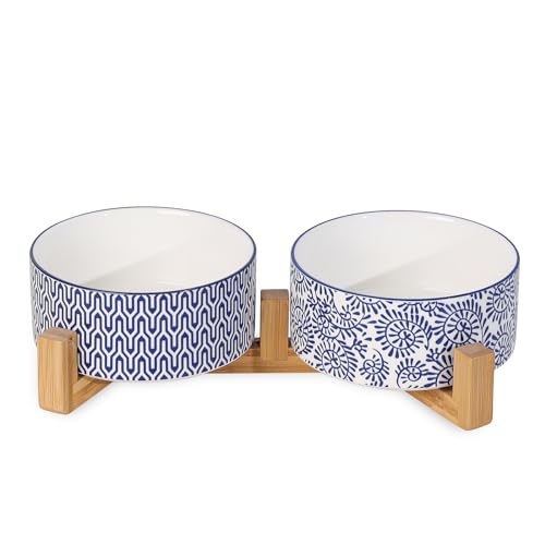 Selamica Ceramic 30 OZ Dog Bowls, Dog Food and Water Bowls with Wooden Stand, Anti-Slip Dogs Dishes Set for Cats Small & Medium Sized Dogs, Weighted Pet Bowls Set of 2, Vintage Blue B - color: Vintage Blue B, size: 30 oz