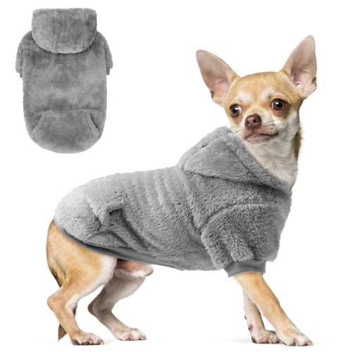 SCENEREAL Fleece Dog Sweaters Hoodie for Small Medium Large Dogs Girls Boys, Plush Fuzzy Dog Clothes Hoodies with Leash Hole, Winter/Fall Puppy Cold Weather Coat, Sherpa Hooded Sweatshirt, Grey XS - color: Grey, size: X-Small