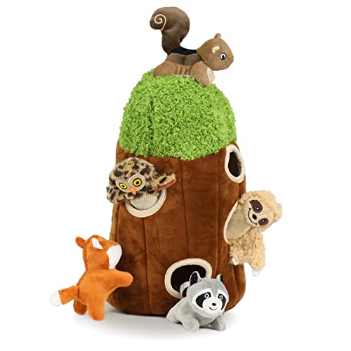 Hide and Seek Dog Puzzle Puppy Toys, Interactive Squeaky Plush, Stuffed Toys for Dogs (Sheep, Panda, Forest Animals) (Tree Hole Mix Large)