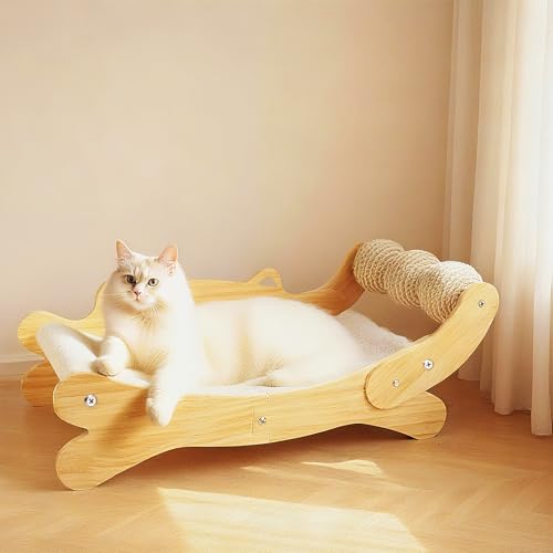 Cat Scratcher Bed, Heavy Duty Sisal Cat Scratching Post with Hammock for Indoor Cats, Natural Wood Cat Lounge for Sleeping & Scratching, Stable Platform for Large Cats, Easy Assembly Cat Furniture