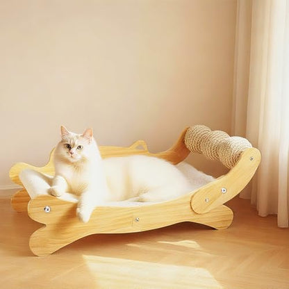 Cat Scratcher Bed, Heavy Duty Sisal Cat Scratching Post with Hammock for Indoor Cats, Natural Wood Cat Lounge for Sleeping & Scratching, Stable Platform for Large Cats, Easy Assembly Cat Furniture