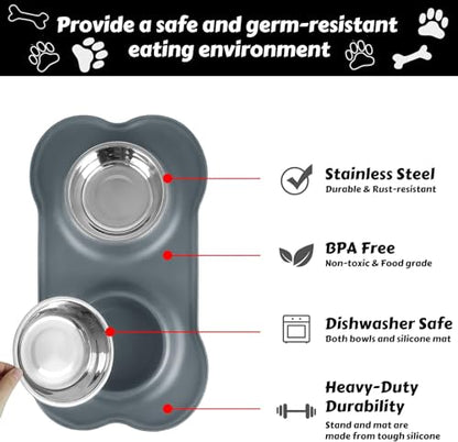Dog Food Bowls Stainless Steel Dog Food & Water Bowl Set with No Spill Non-Skid Silicone Mat, Dog Dishes Pet Feeding Bowls for Small Medium Large Sized Dogs Cat Puppy Food Bowl, Grey, 4 Cup - color: Grey, size: 4¾ Cup/38 oz each