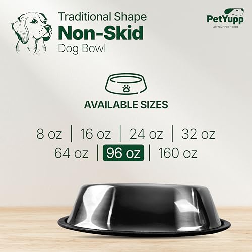 Stainless Steel Dog Bowl – Non-Skid Rubber Base, Rust-Proof & Dishwasher Safe – Durable Food and Water Bowl for Dogs and Cats – 96oz - size: Non Skid Bowl - 96 oz