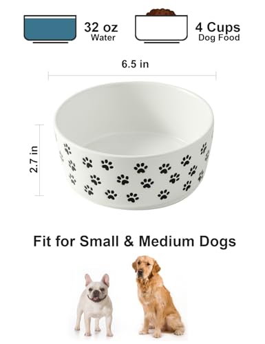UBEE 6.5 inch Dog Bowls Set of 2, Ceramic Dog Food Water Bowl Dish with Paw Pattern, Pet Food Water Dishes Feeding for Small and Meidum Dogs and Large Cat, White - color: White-paw, size: 6.5 inch x 2