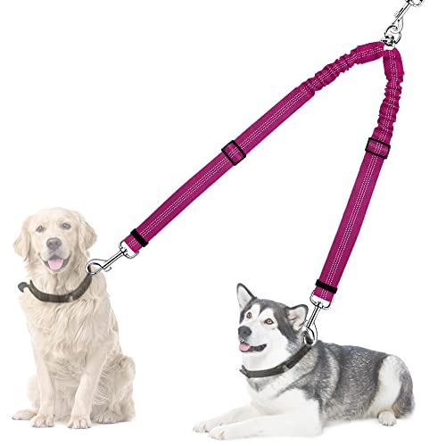 AUTOWT Double Dog Leash, No Tangle 360°Swivel Rotation Reflective Lead Attachment Adjustable Length Dual Two Dogs Lead Splitter, Comfortable Shock Absorbing Walking Training for 2 Dogs - color: Fushcia, size: Medium >20lbs