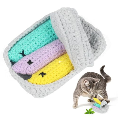 Halloween Crochet Catnip Toys Sardine Fish Tin Cat Toy, Halloween Cat Toy Yarn Fish for Cats Safe Teeth Cleaning Toy for Indoor Exercise, Interactive Cat Kicker Kitty Gifts for Cat Lover