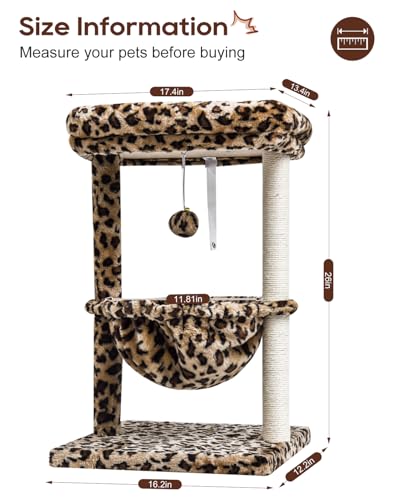 SYANDLVY Small Cat Tree for Indoor Cats, Unique Cheetah Leopard Print Cat Tree Tower for Kitties, Condo Furniture with Hammock & Sisal Scratching Posts - color: Leopard Print