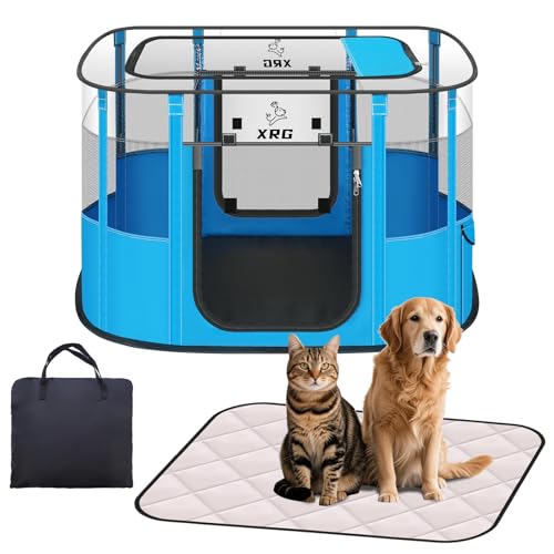 Portable Pet Playpen with Waterproof pad, Collapsible Crates Kennel Playpen for Dog cat and Rabbit &Travel playpen Outdoor or Indoor (Medium（31.5" L x 23.6" W x 21.7" H）, Clear Blue) - color: Clear Blue, style: Medium（31.5"L x 23.6"W x 21.7"H）
