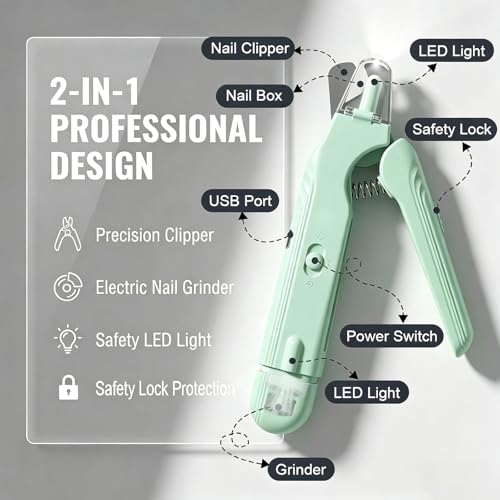 2-in-1 Dog Nail Grinder & Dog Nail Clippers Trimmers for Large Medium Small Dogs Cats Pets Claw Trimmer with LED Lights (Green) - color: Green